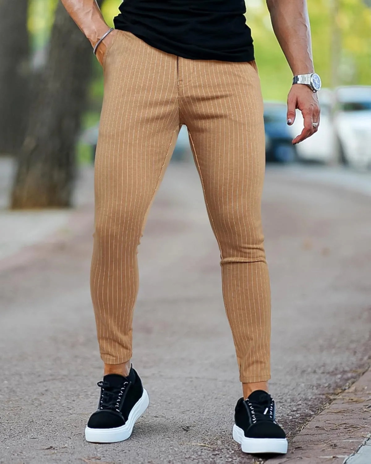 GINGTTO Mens Chino Pants Slim Fit Stretch Pinstripe Pants Men Dress