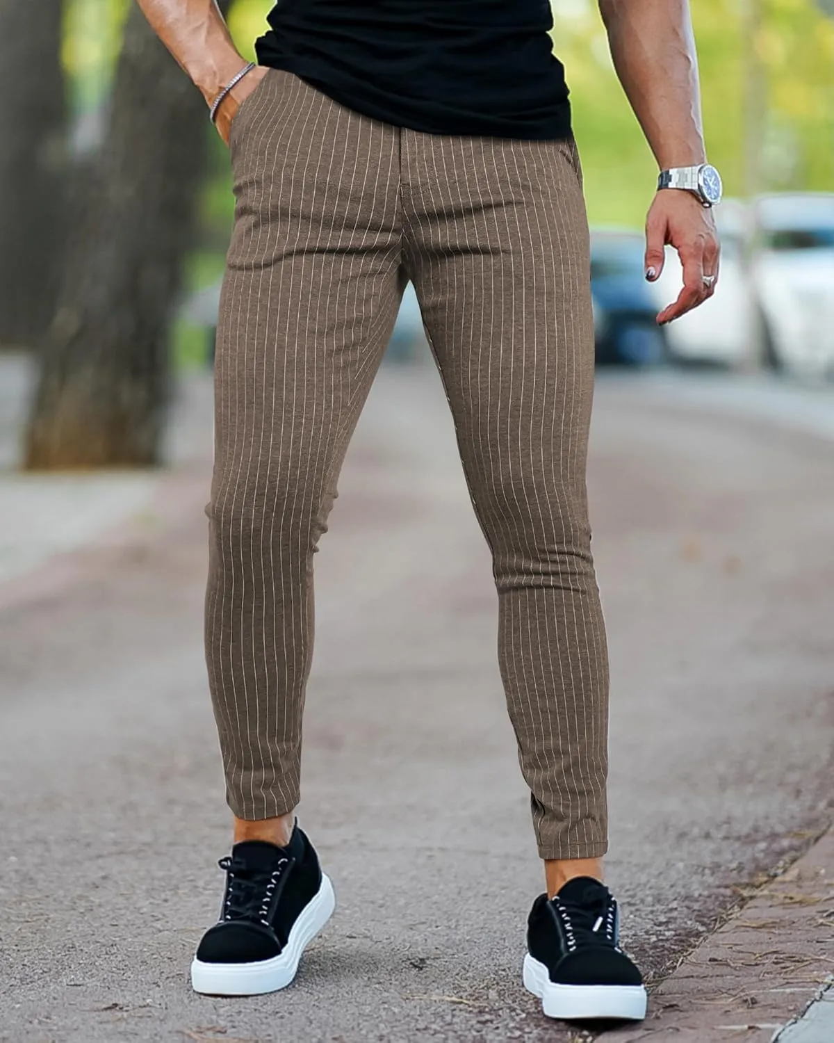 GINGTTO Mens Chino Pants Slim Fit Stretch Pinstripe Pants Men Dress