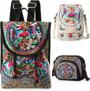 Goodhan 3pcs Embroidered Backpack Purse, Crossbody Wristlet Purse