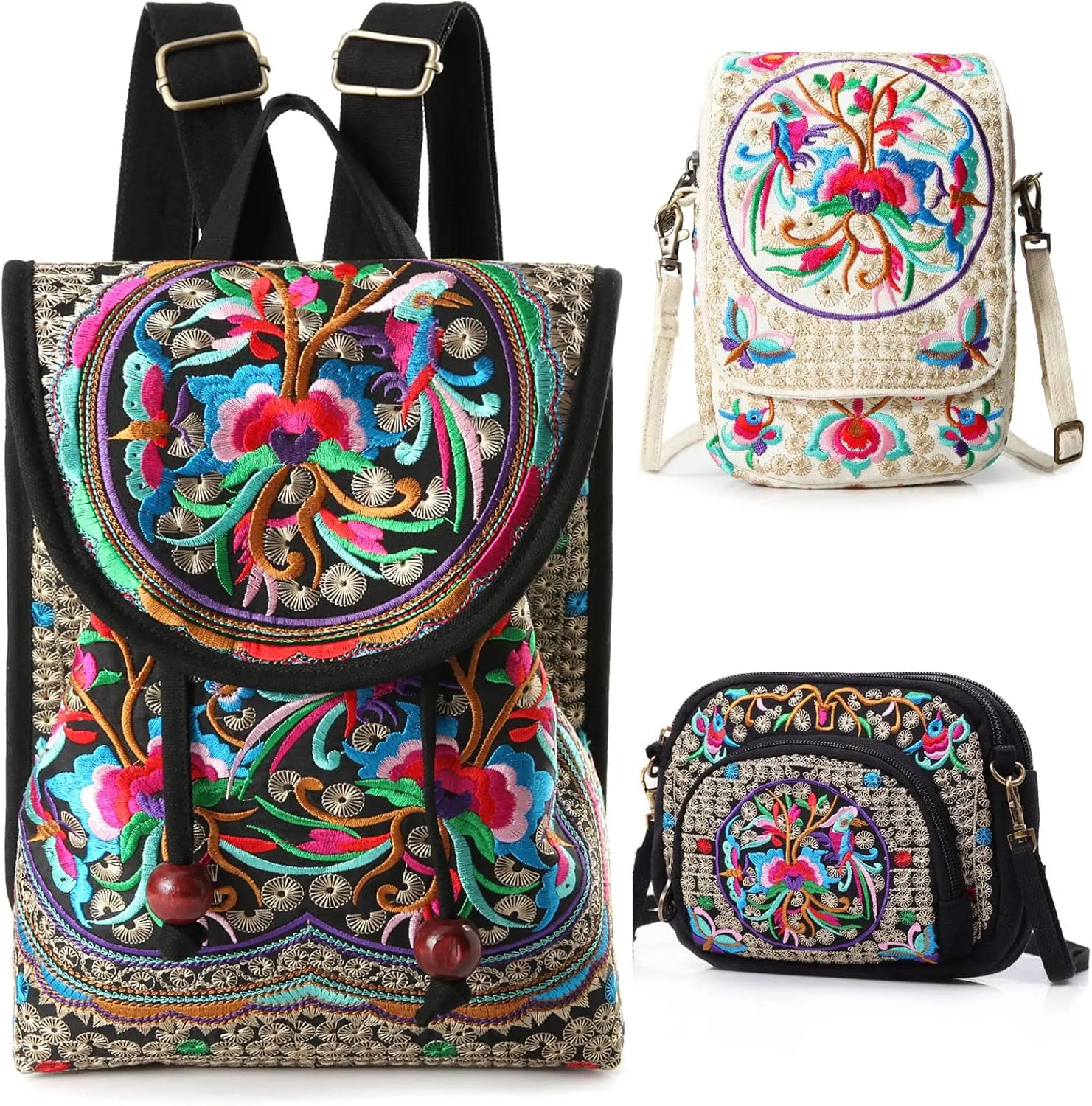 Goodhan 3pcs Embroidered Backpack Purse, Crossbody Wristlet Purse