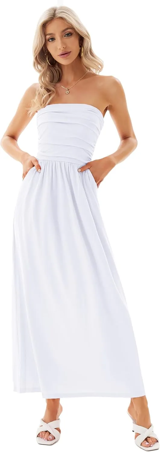 GRACE KARIN Women Strapless Casual Loose Ruched Long Maxi Dress with Pockets
