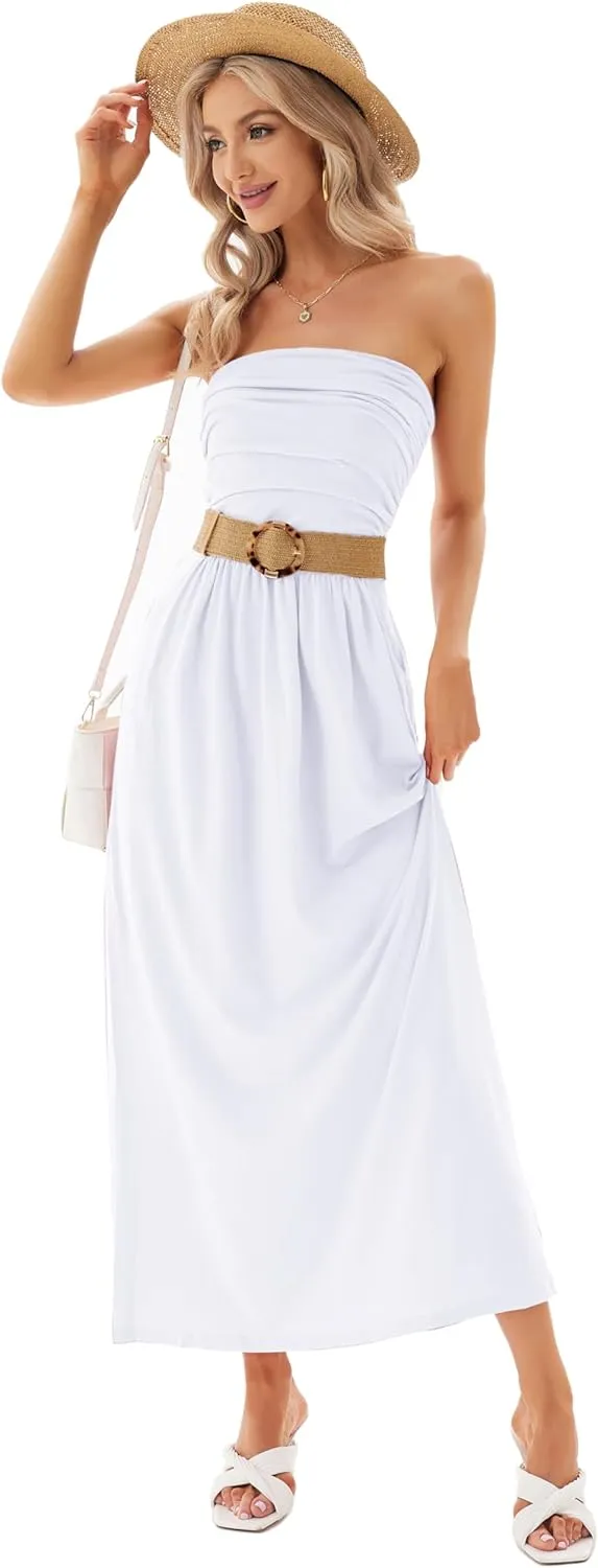 GRACE KARIN Women Strapless Casual Loose Ruched Long Maxi Dress with Pockets