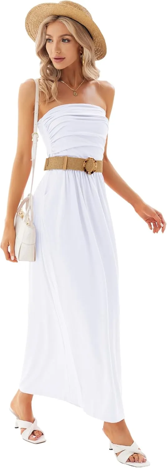 GRACE KARIN Women Strapless Casual Loose Ruched Long Maxi Dress with Pockets
