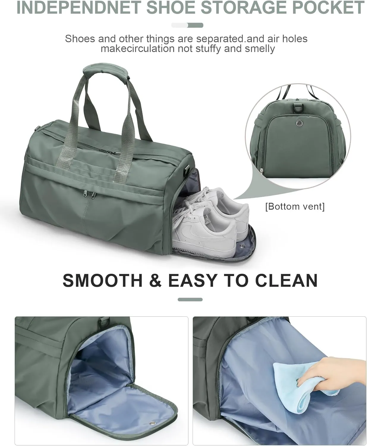 Gym Bag for Women Men, Sport Duffel Bag with Toiletry Bag & Shoe Compartment,Waterproof Travel Weekender Overnight Carry on Bag for Yoga with Trolley Sleeve, Green Set