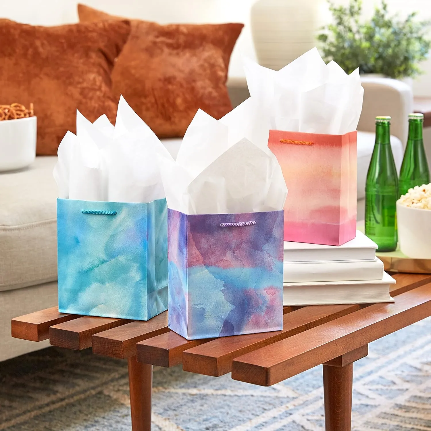 Hallmark 6" Small Easter Gift Bag Bundle (8 Bags, 4 Watercolor Tie-Dye Designs in Pink, Purple, Blue, Green) for Birthdays, Mother's Day, Teachers and More