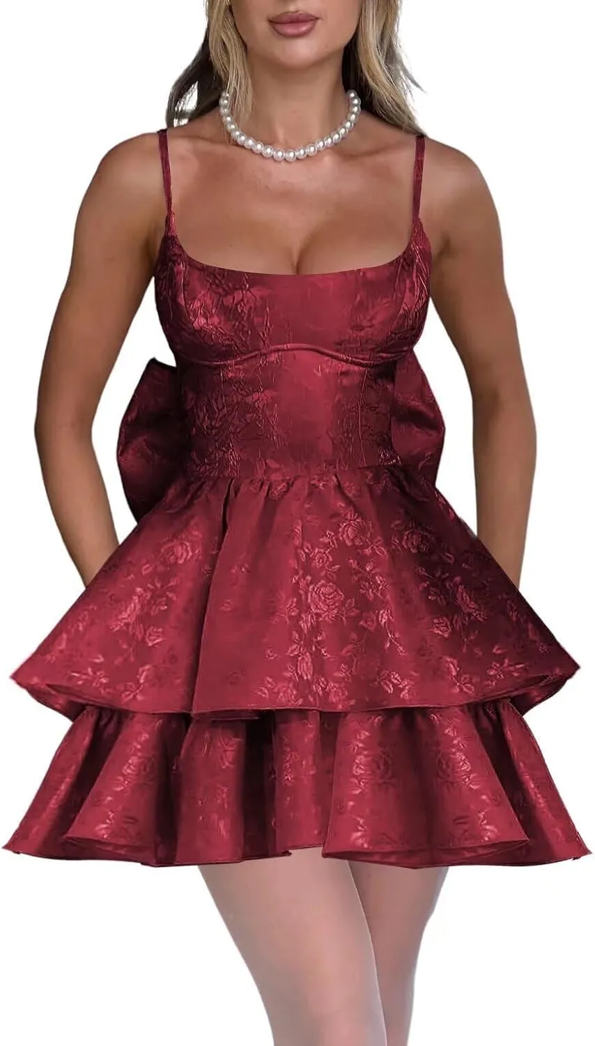 Jacquard Floral Satin Short Prom Dress 2025 Spaghetti Straps Puffy Mini Homeocming Dresses with Bow LAS46