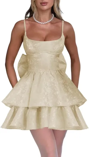 Jacquard Floral Satin Short Prom Dress 2025 Spaghetti Straps Puffy Mini Homeocming Dresses with Bow LAS46