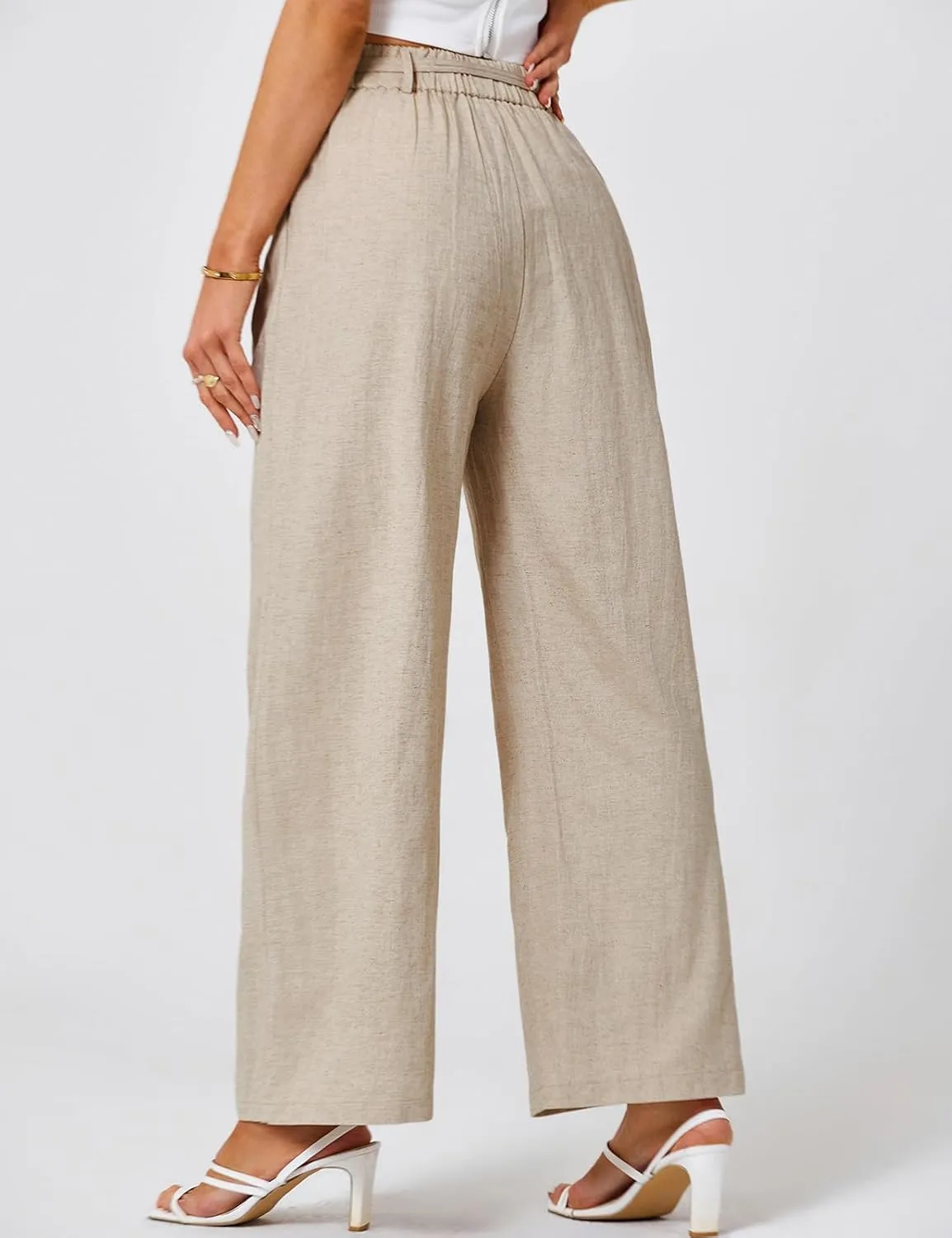 JASAMBAC Women's Linen Palazzo Lounge Pants High Waist Straight Wide Leg Summer Beach Causal Trousers with Double Belts