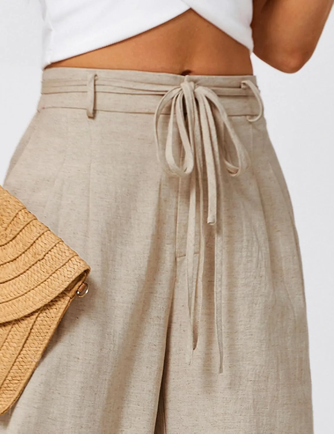JASAMBAC Women's Linen Palazzo Lounge Pants High Waist Straight Wide Leg Summer Beach Causal Trousers with Double Belts