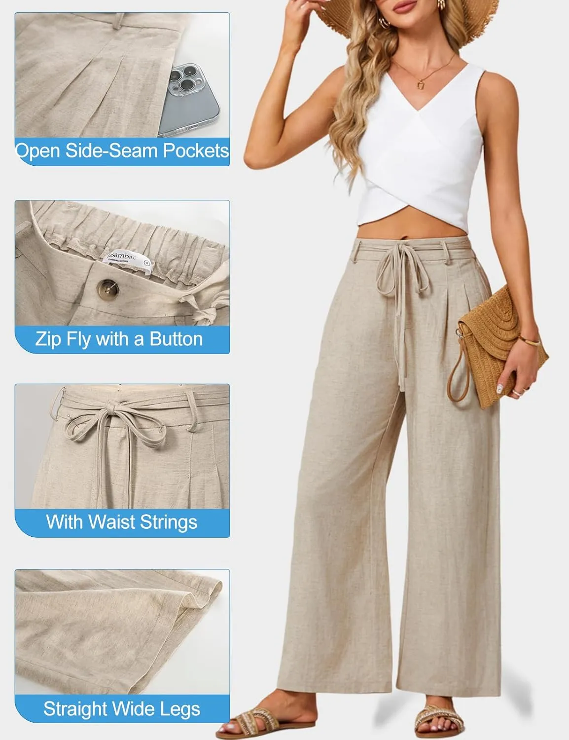JASAMBAC Women's Linen Palazzo Lounge Pants High Waist Straight Wide Leg Summer Beach Causal Trousers with Double Belts