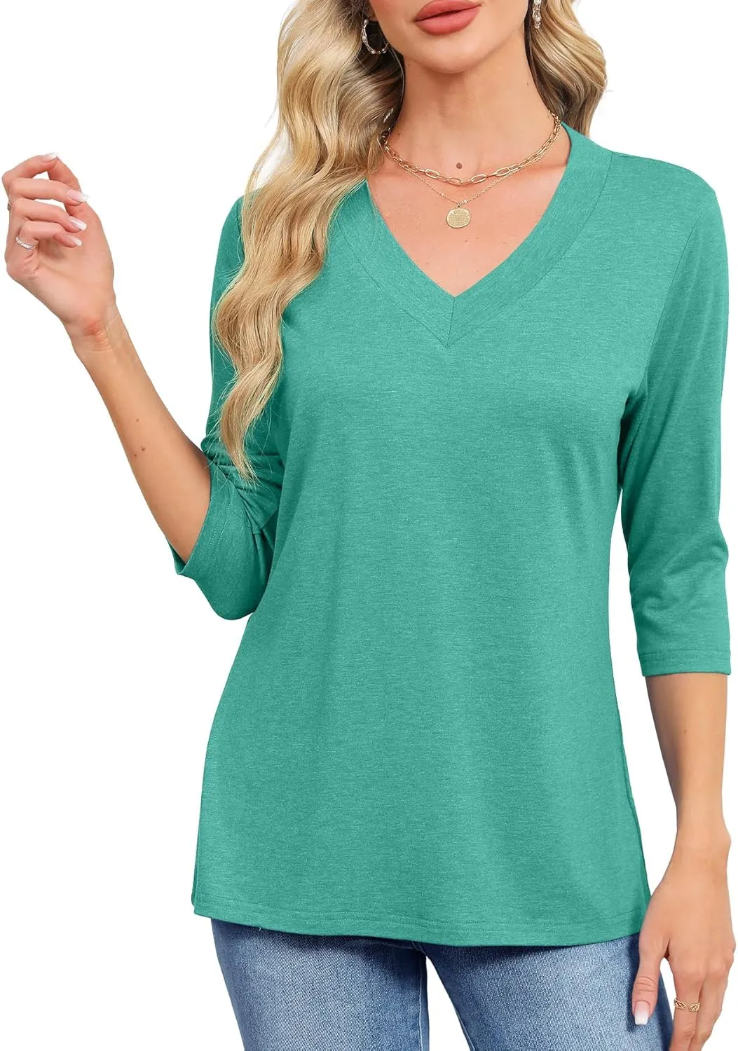 JomeDesign Womens Tops 3/4 Length Sleeve Summer V Neck Shirts Casual Tunic Tops 2025