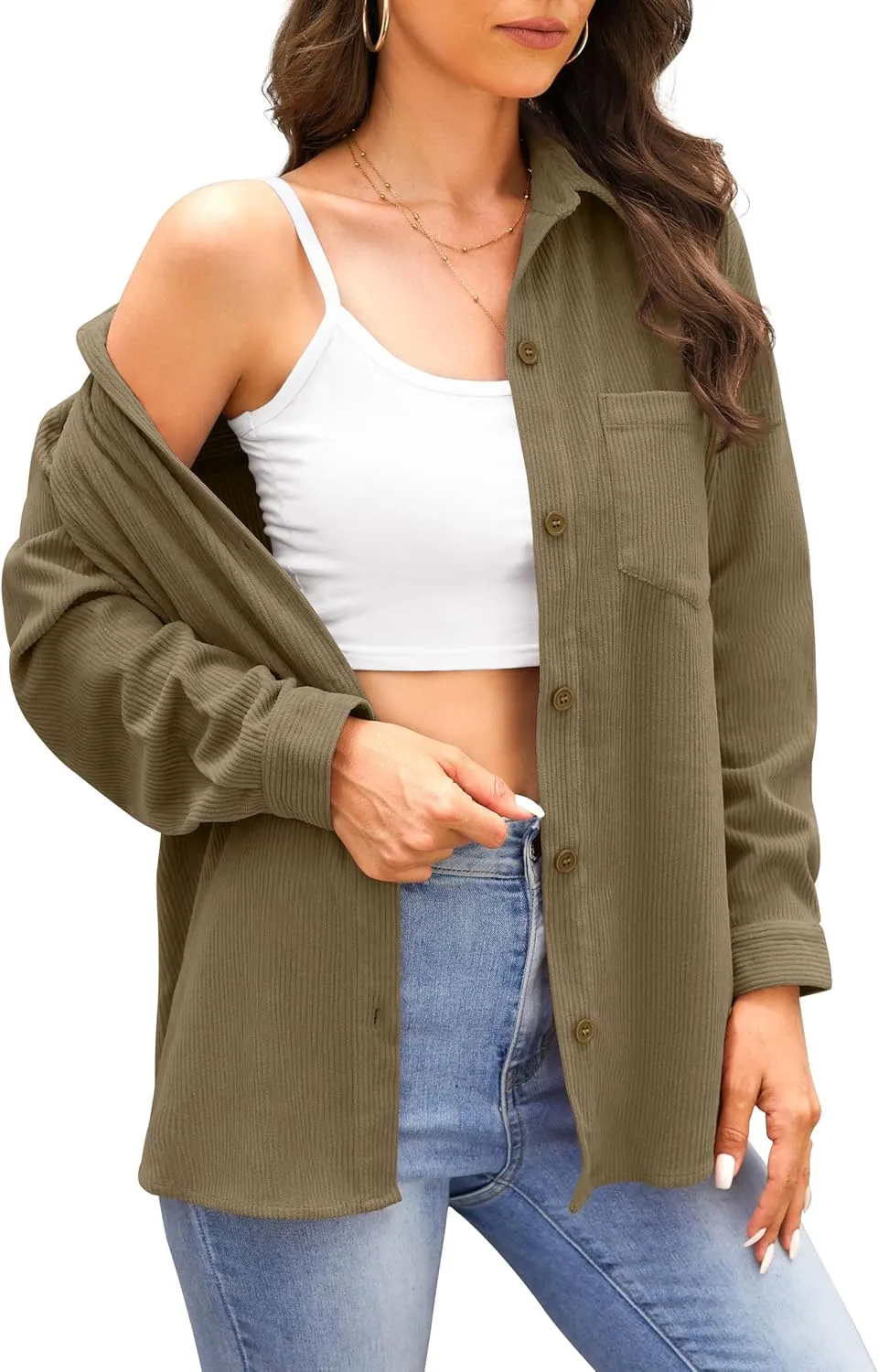 Jouica Womens 2024 Fashion Corduroy Button Down Shirts Boyfriend Long Sleeve Oversized Blouses Tops