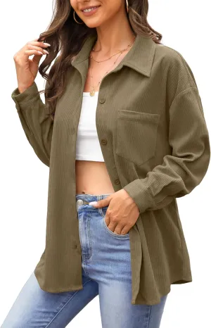 Jouica Womens 2024 Fashion Corduroy Button Down Shirts Boyfriend Long Sleeve Oversized Blouses Tops