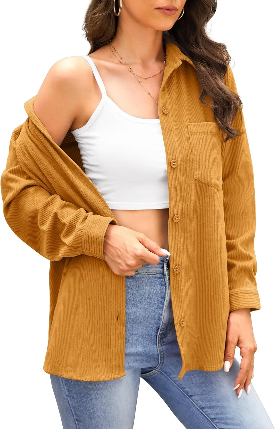 Jouica Womens 2024 Fashion Corduroy Button Down Shirts Boyfriend Long Sleeve Oversized Blouses Tops