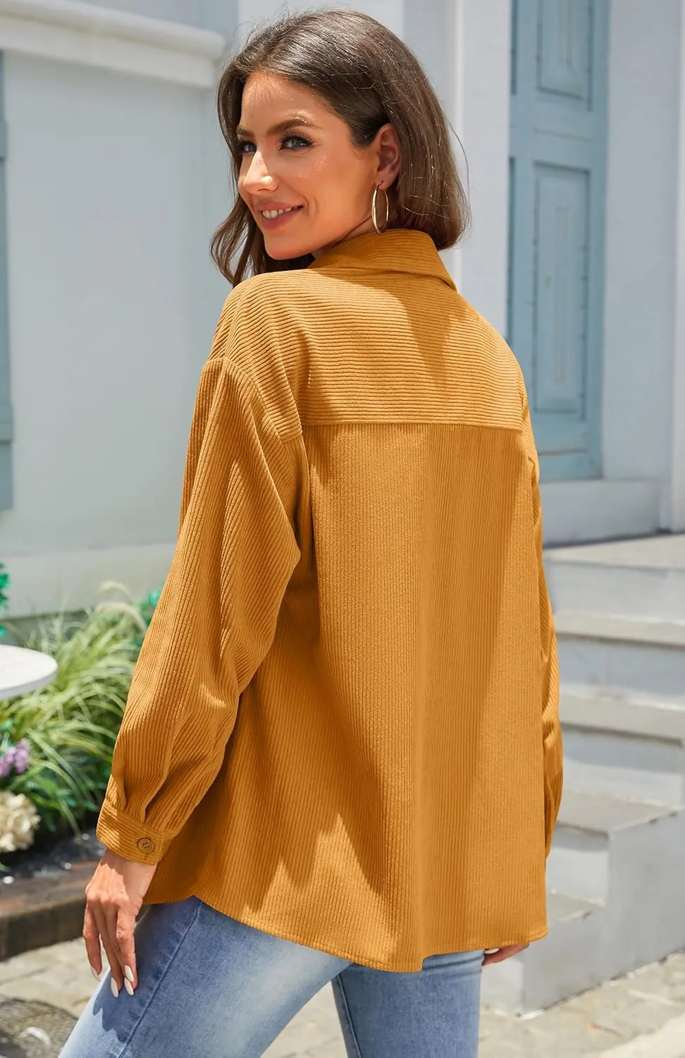Jouica Womens 2024 Fashion Corduroy Button Down Shirts Boyfriend Long Sleeve Oversized Blouses Tops