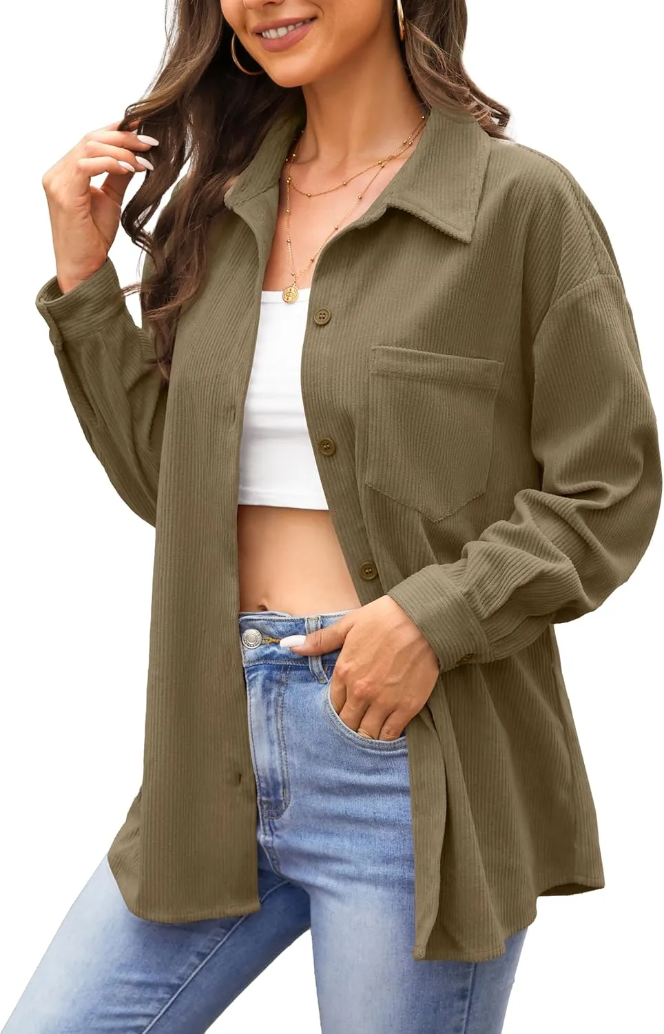 Jouica Womens 2024 Fashion Corduroy Button Down Shirts Boyfriend Long Sleeve Oversized Blouses Tops
