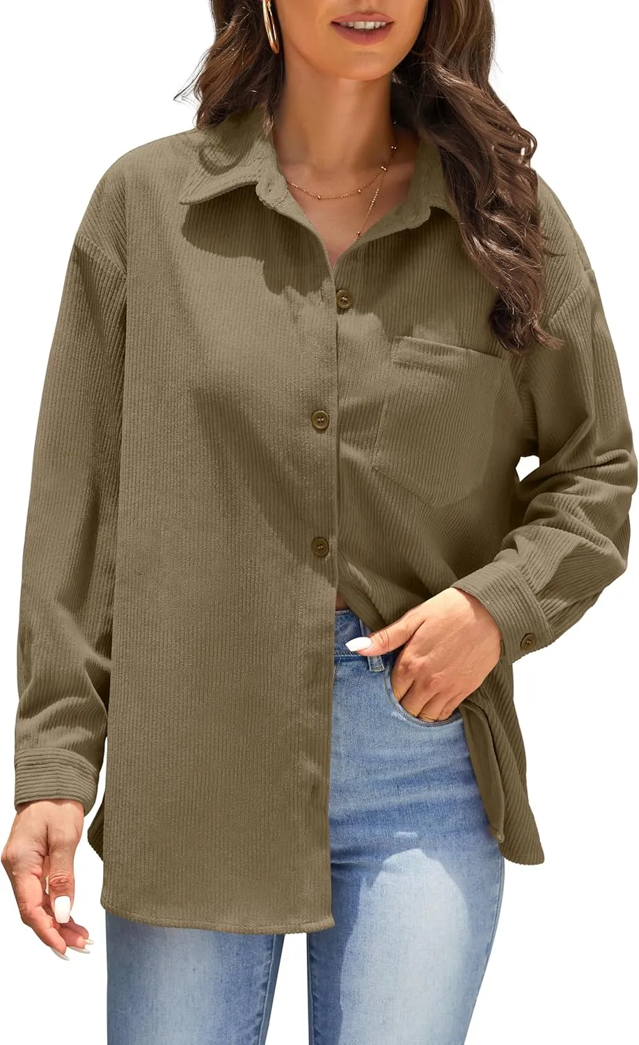 Jouica Womens 2024 Fashion Corduroy Button Down Shirts Boyfriend Long Sleeve Oversized Blouses Tops
