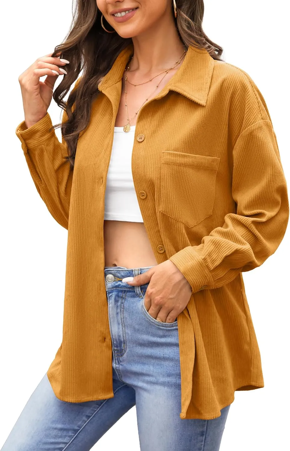 Jouica Womens 2024 Fashion Corduroy Button Down Shirts Boyfriend Long Sleeve Oversized Blouses Tops