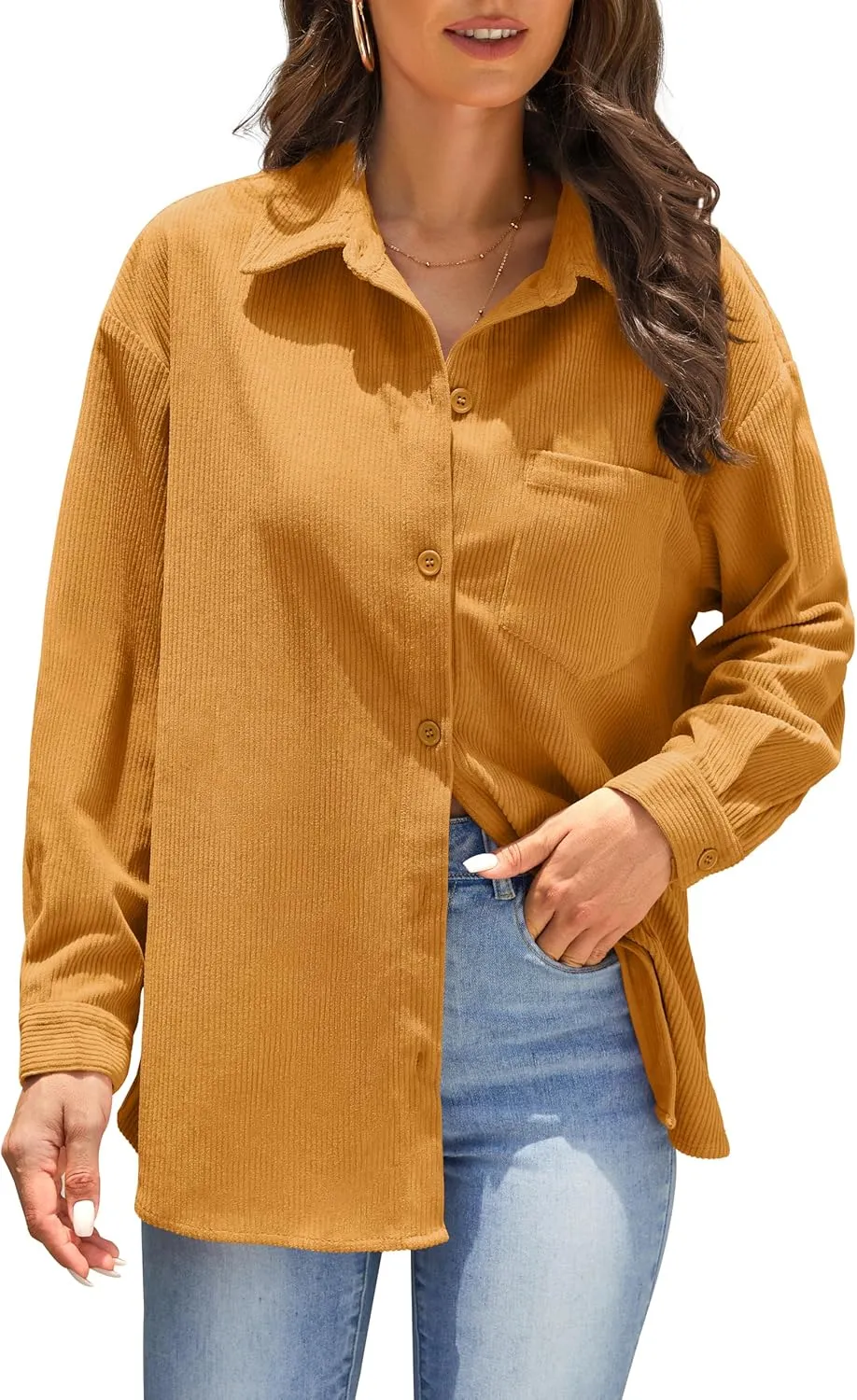 Jouica Womens 2024 Fashion Corduroy Button Down Shirts Boyfriend Long Sleeve Oversized Blouses Tops