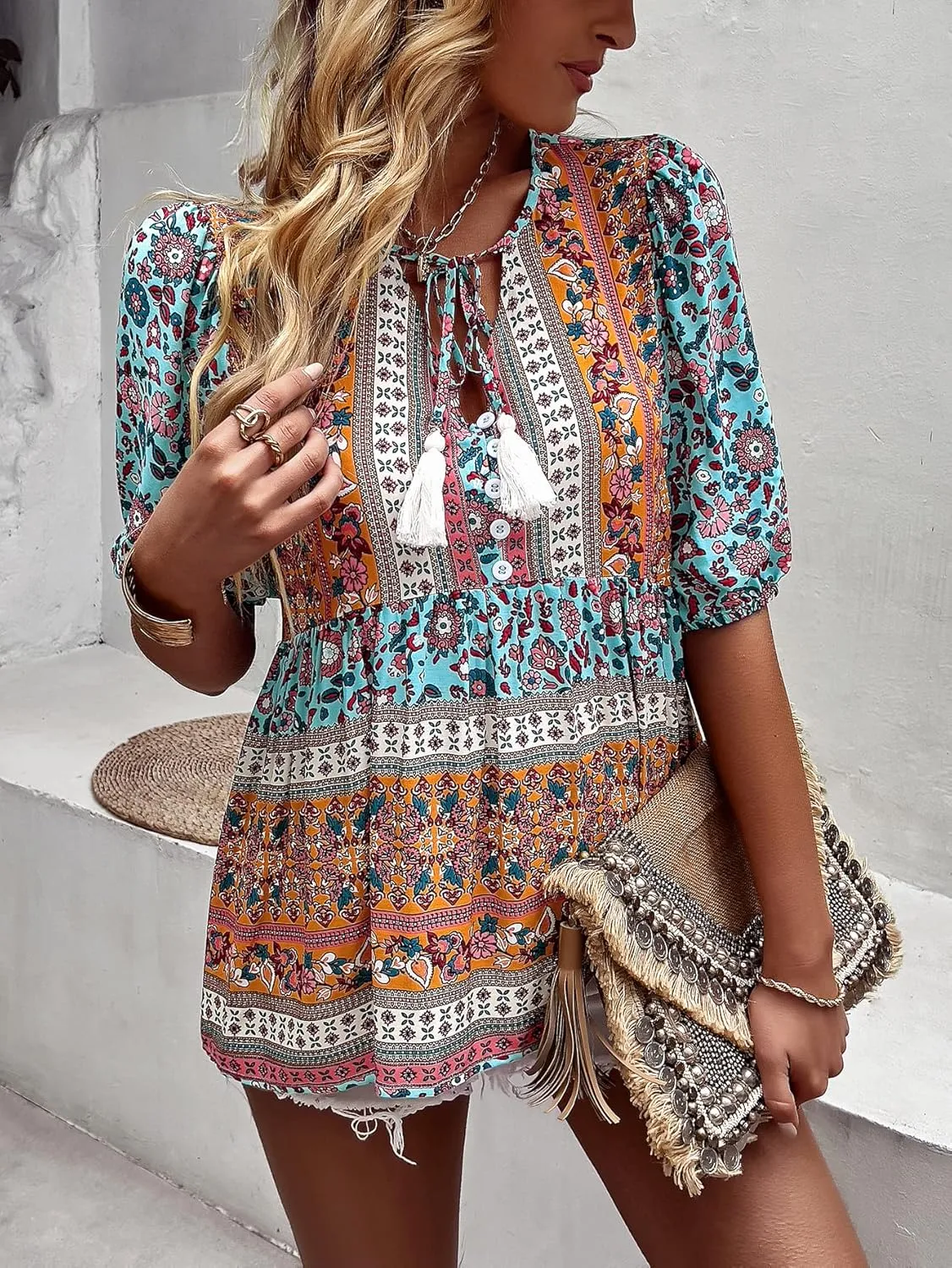 KAYWIDE Women's Casual Boho V Neck Top Loose Floral Printed Long Sleeve Beach Shirts Blouses