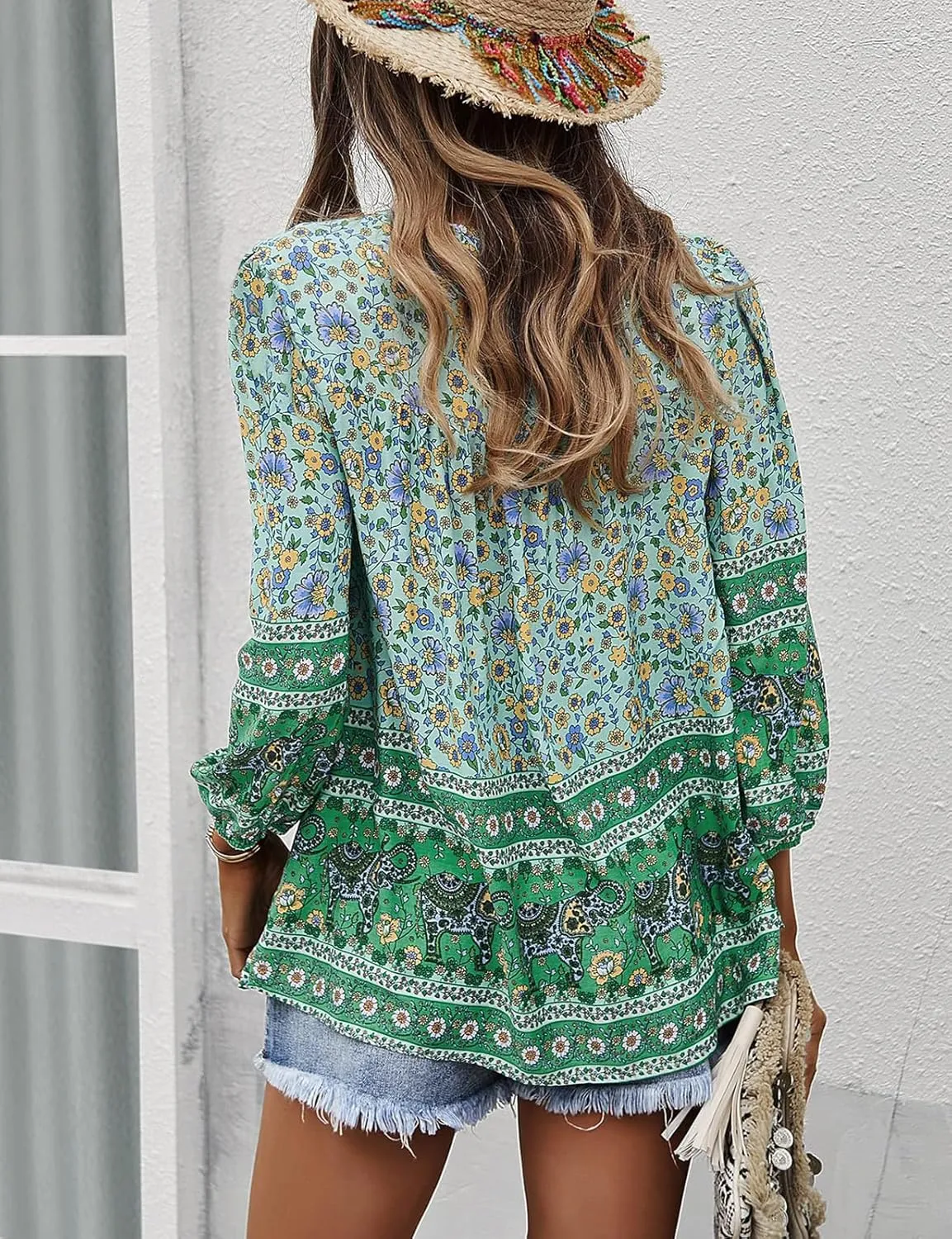 KAYWIDE Women's Casual Boho V Neck Top Loose Floral Printed Long Sleeve Beach Shirts Blouses