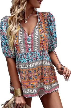 KAYWIDE Women's Casual Boho V Neck Top Loose Floral Printed Long Sleeve Beach Shirts Blouses