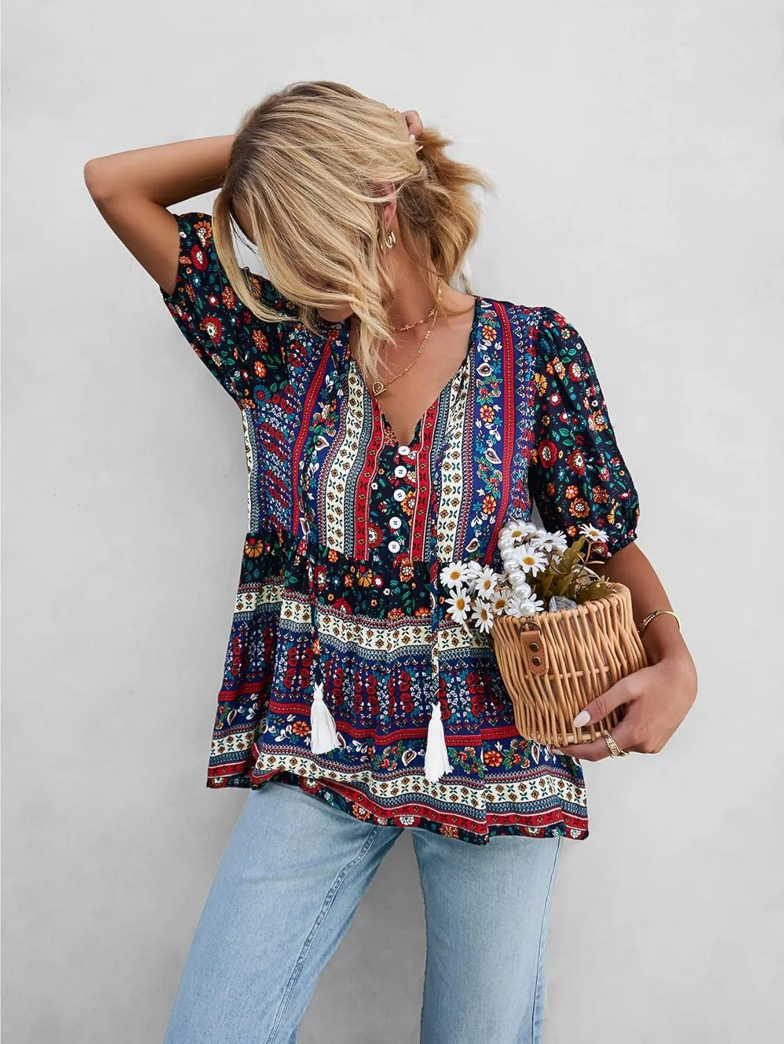 KAYWIDE Women's Casual Boho V Neck Top Loose Floral Printed Long Sleeve Beach Shirts Blouses