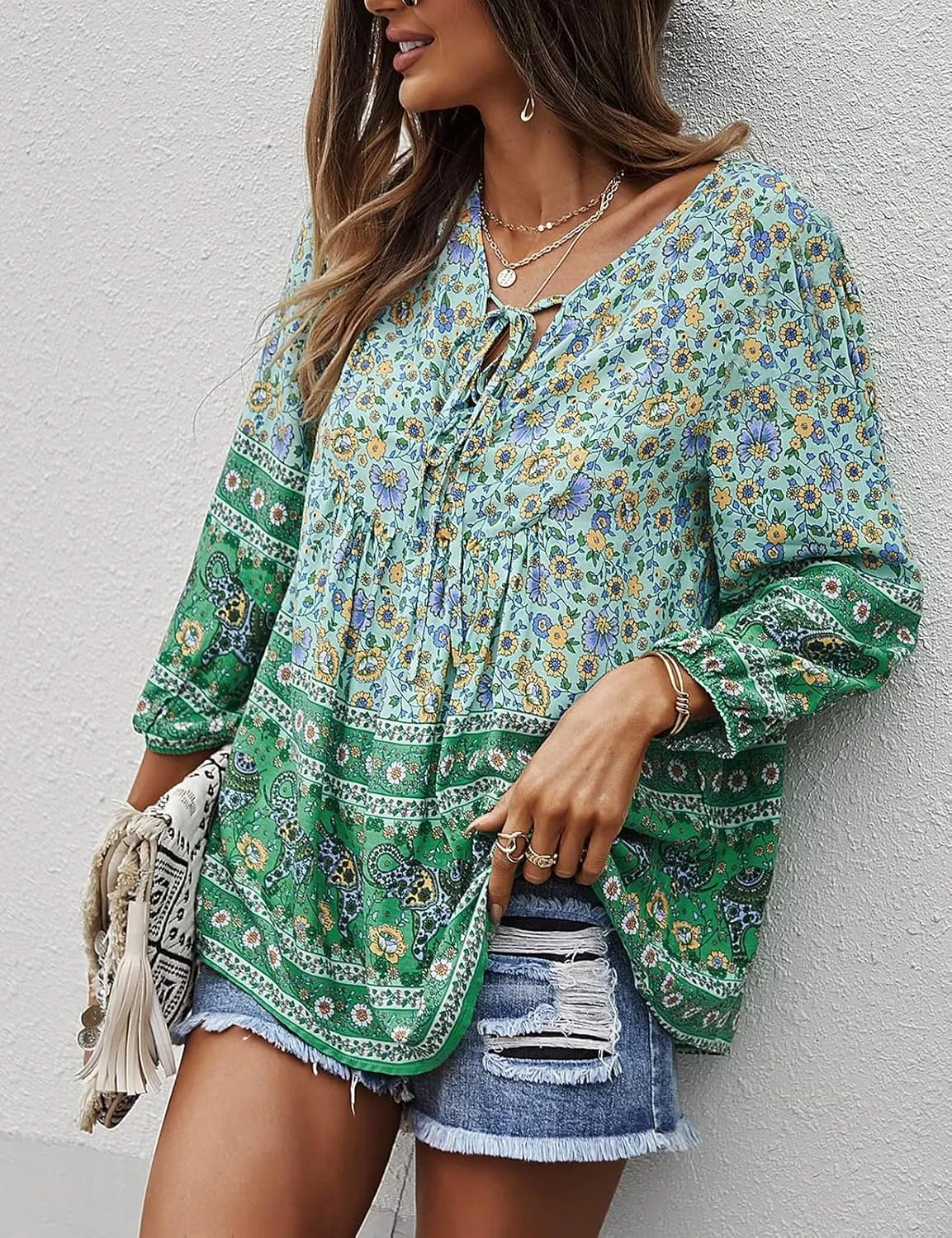 KAYWIDE Women's Casual Boho V Neck Top Loose Floral Printed Long Sleeve Beach Shirts Blouses