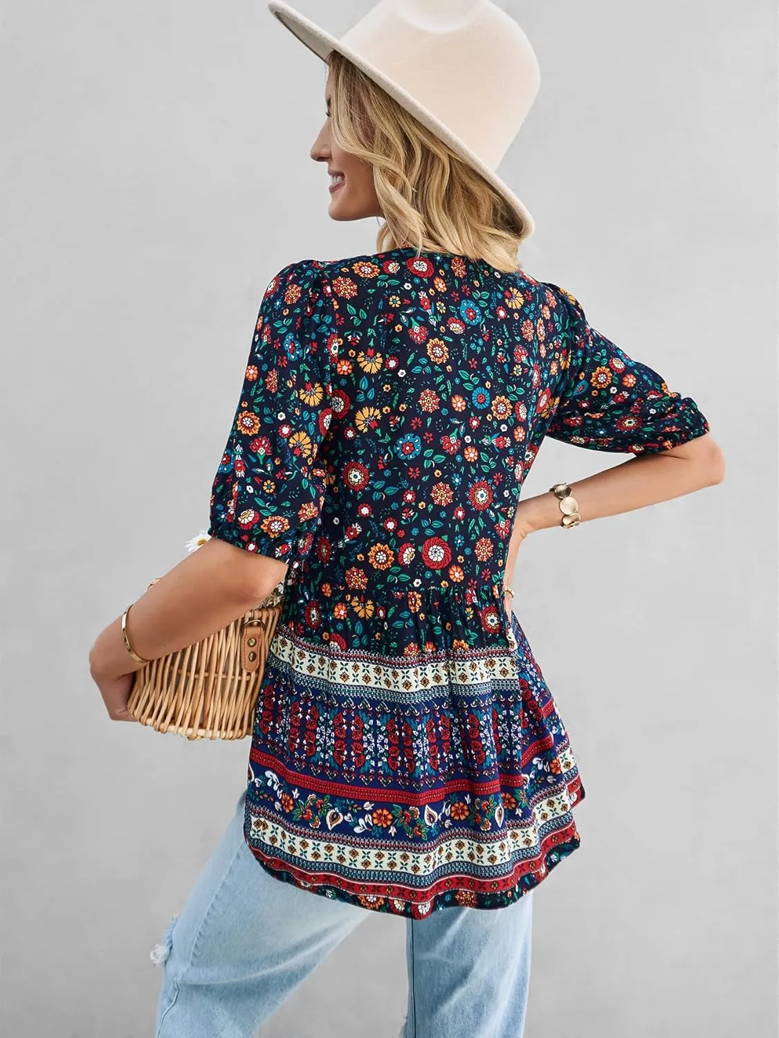 KAYWIDE Women's Casual Boho V Neck Top Loose Floral Printed Long Sleeve Beach Shirts Blouses