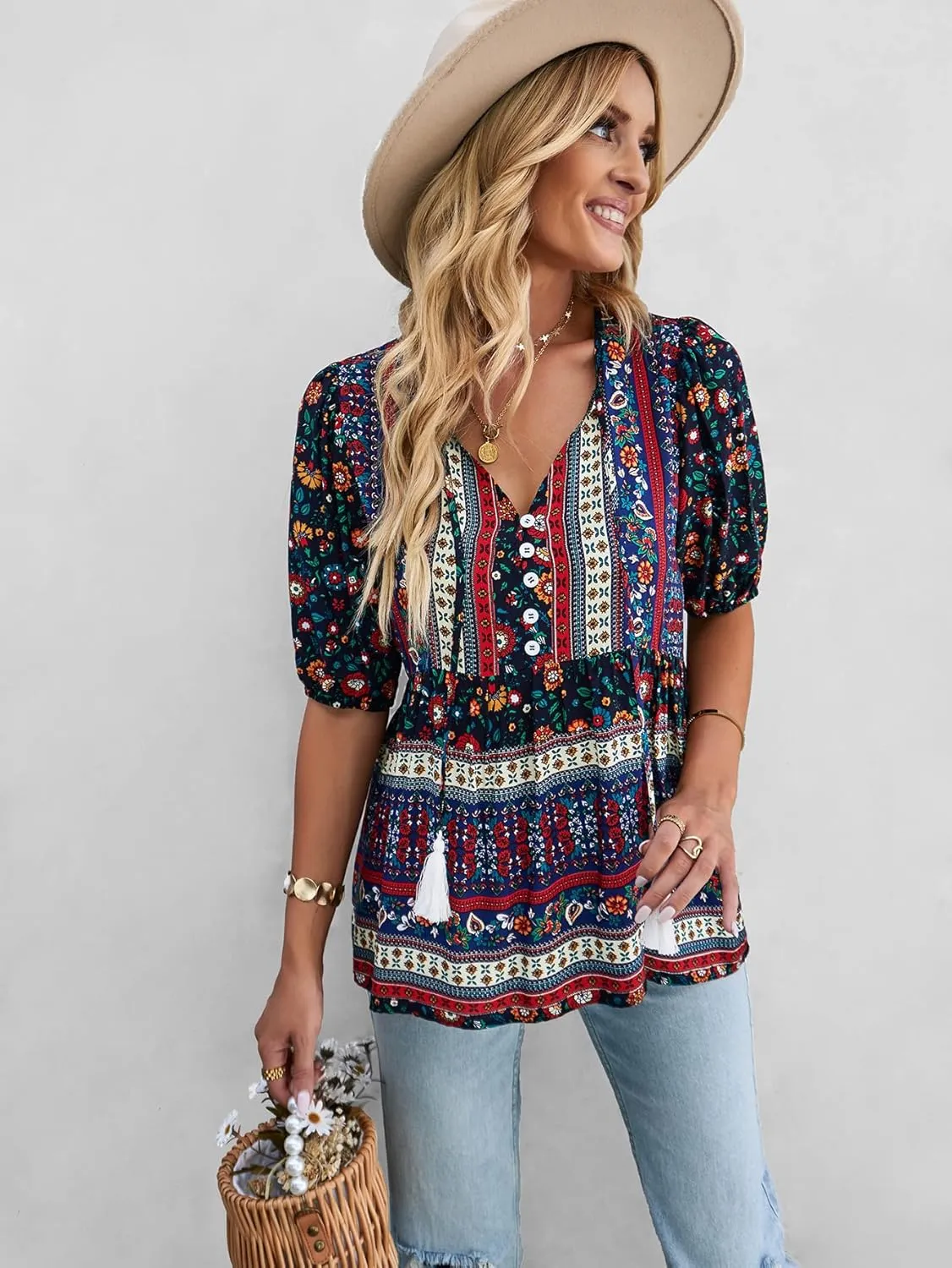 KAYWIDE Women's Casual Boho V Neck Top Loose Floral Printed Long Sleeve Beach Shirts Blouses