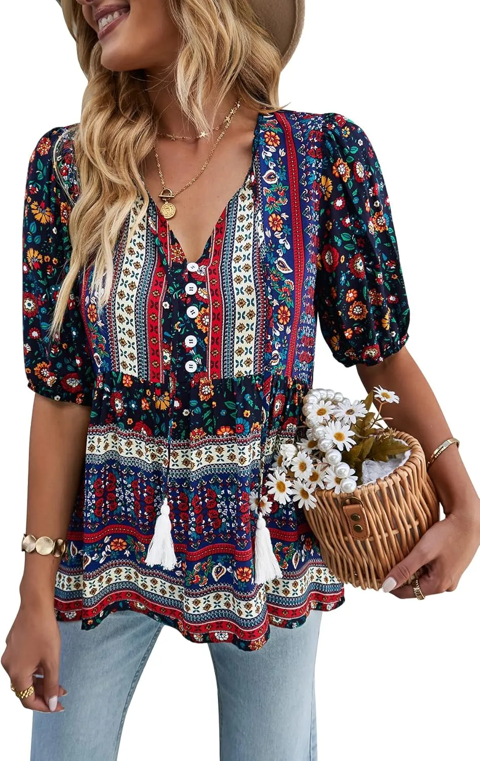 KAYWIDE Women's Casual Boho V Neck Top Loose Floral Printed Long Sleeve Beach Shirts Blouses