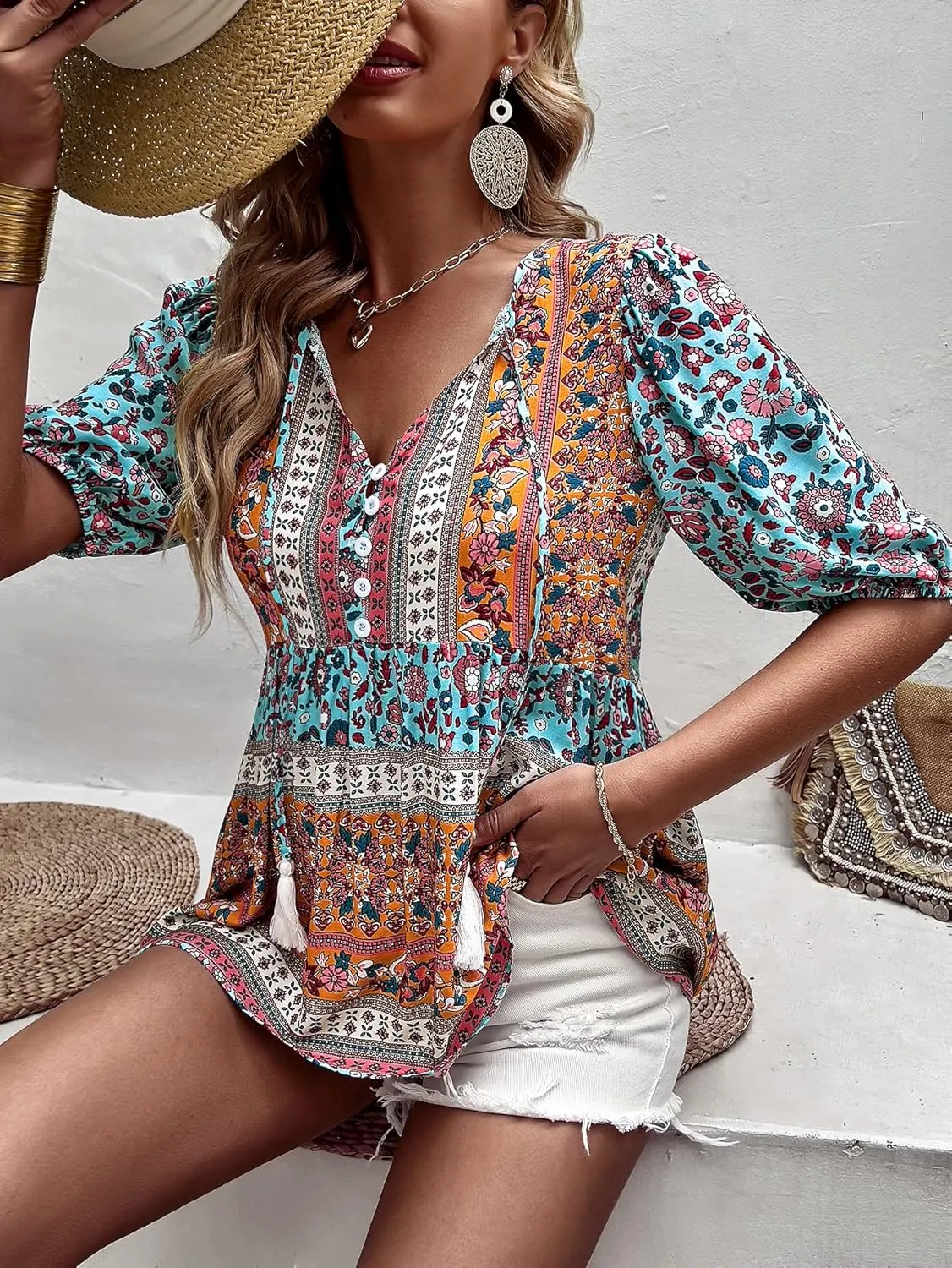 KAYWIDE Women's Casual Boho V Neck Top Loose Floral Printed Long Sleeve Beach Shirts Blouses