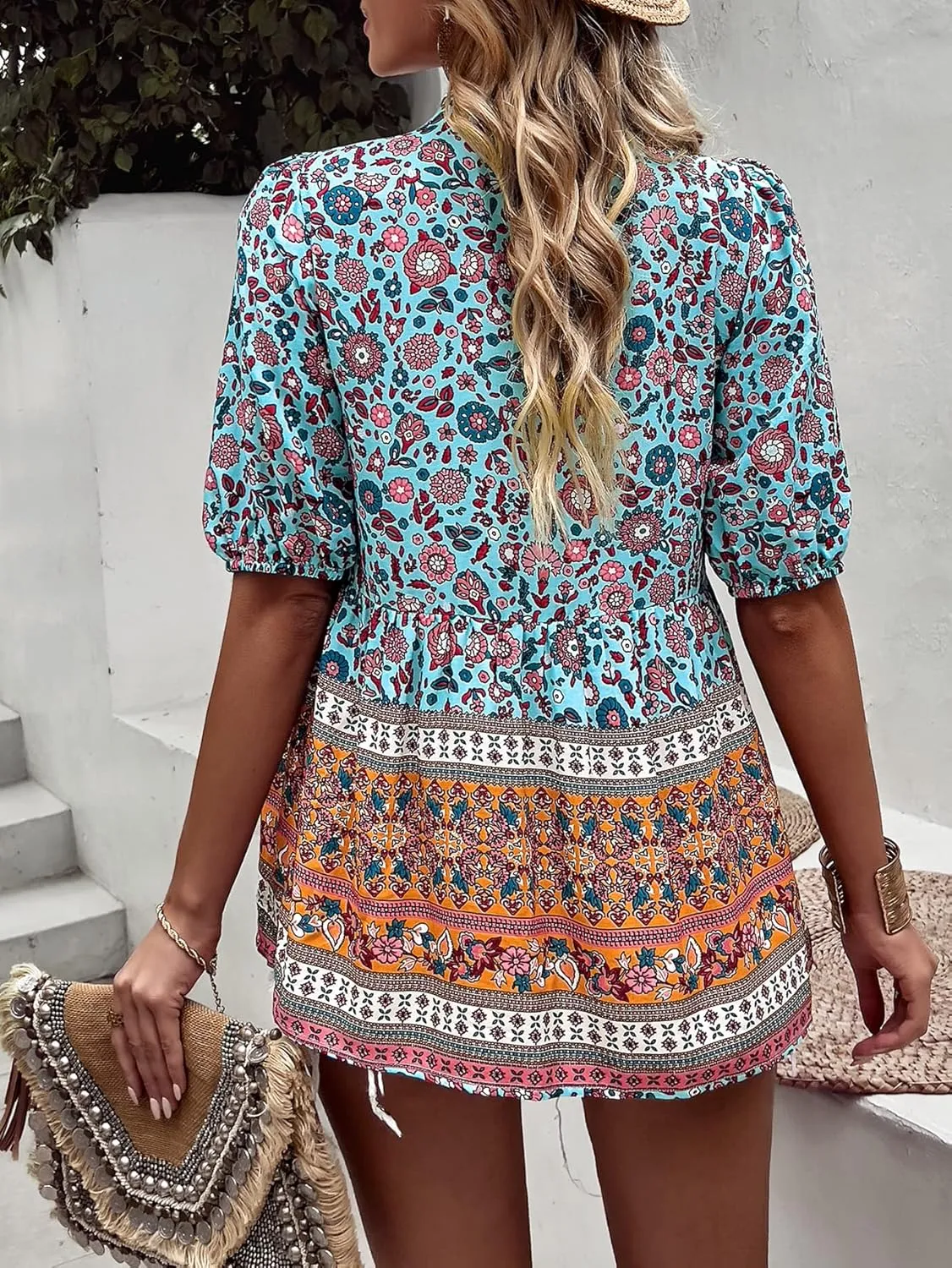 KAYWIDE Women's Casual Boho V Neck Top Loose Floral Printed Long Sleeve Beach Shirts Blouses
