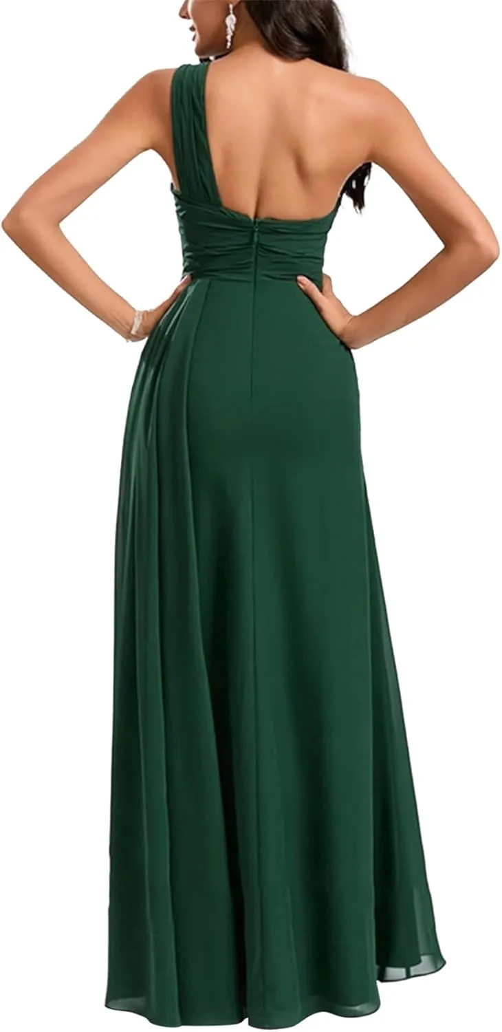 KDTM Women's One Shoulder Bridesmaid Dresses Ruched Chiffon A Line Formal Evening Dress with Slit