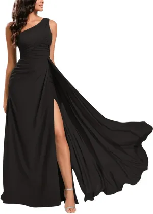 KDTM Women's One Shoulder Bridesmaid Dresses Ruched Chiffon A Line Formal Evening Dress with Slit