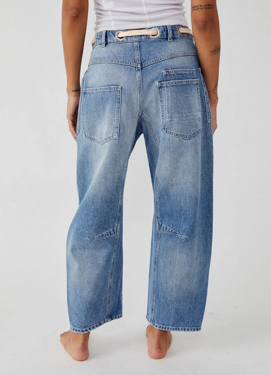Kedera Womens Baggy Barrel Horseshoe Jeans Wide Leg Patchwork Low Rise Drawstring Denim Pants with Pockets