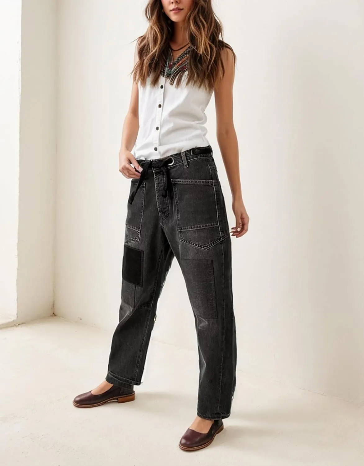 Kedera Womens Baggy Barrel Horseshoe Jeans Wide Leg Patchwork Low Rise Drawstring Denim Pants with Pockets