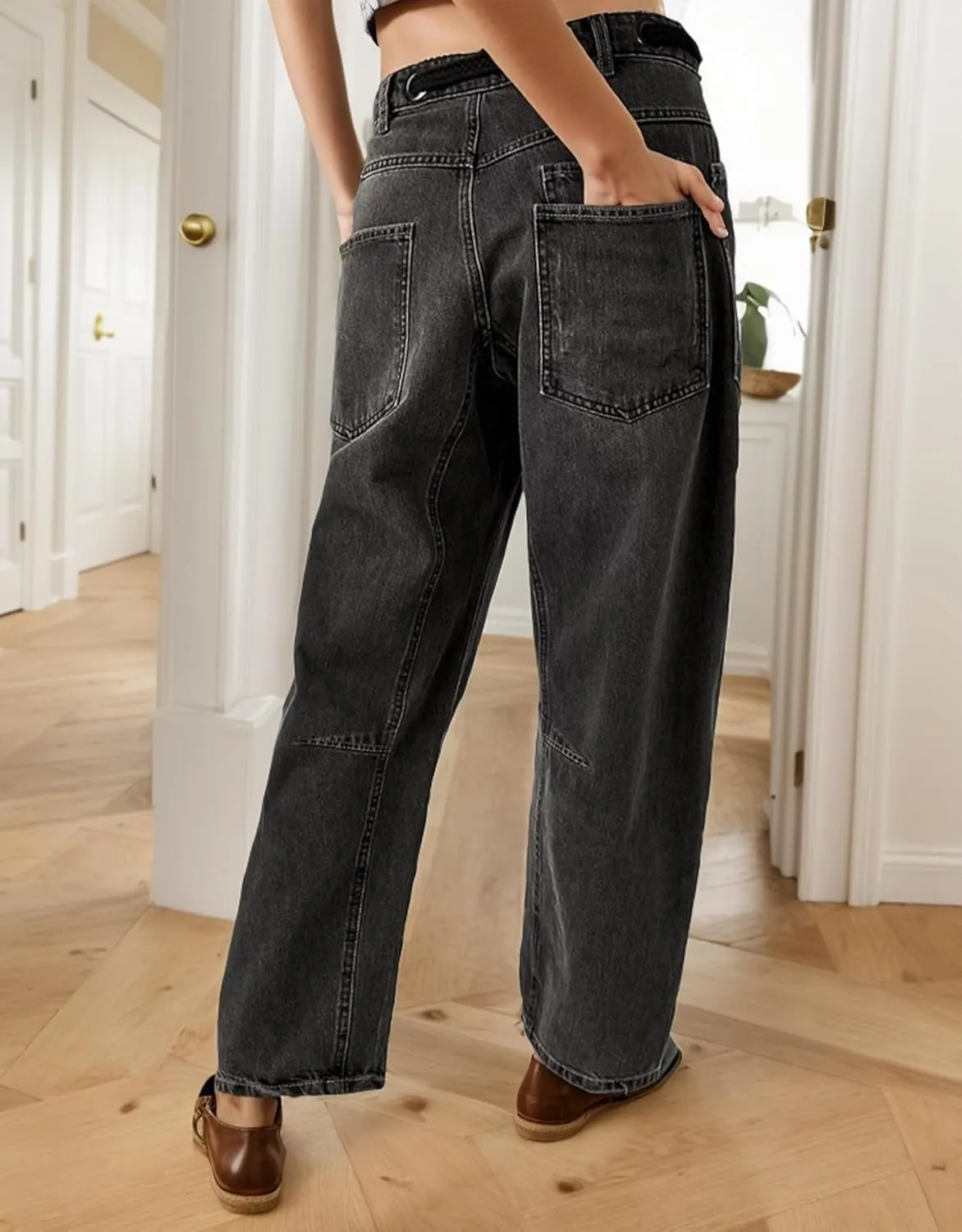 Kedera Womens Baggy Barrel Horseshoe Jeans Wide Leg Patchwork Low Rise Drawstring Denim Pants with Pockets