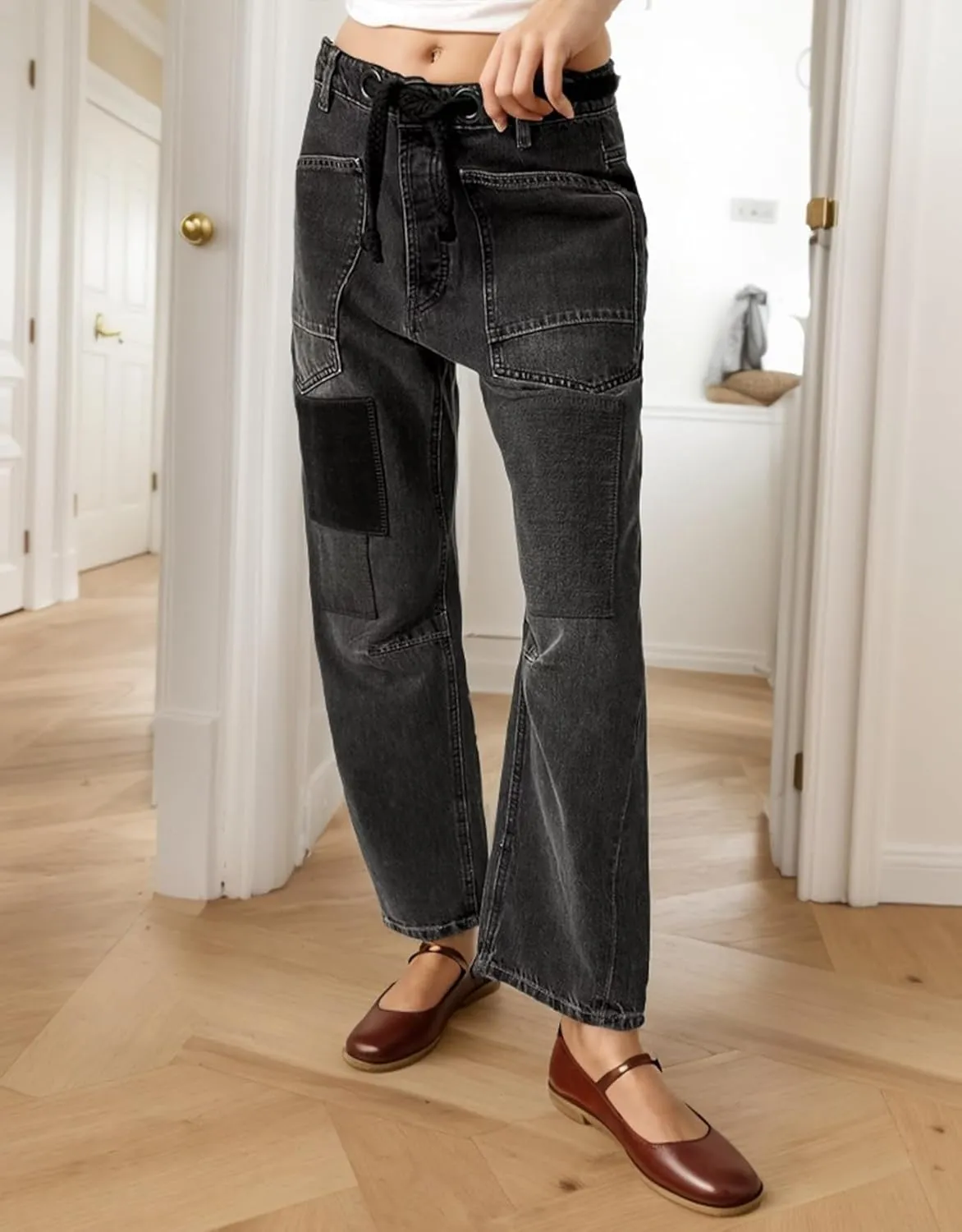 Kedera Womens Baggy Barrel Horseshoe Jeans Wide Leg Patchwork Low Rise Drawstring Denim Pants with Pockets