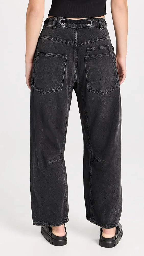 Kedera Womens Baggy Barrel Horseshoe Jeans Wide Leg Patchwork Low Rise Drawstring Denim Pants with Pockets