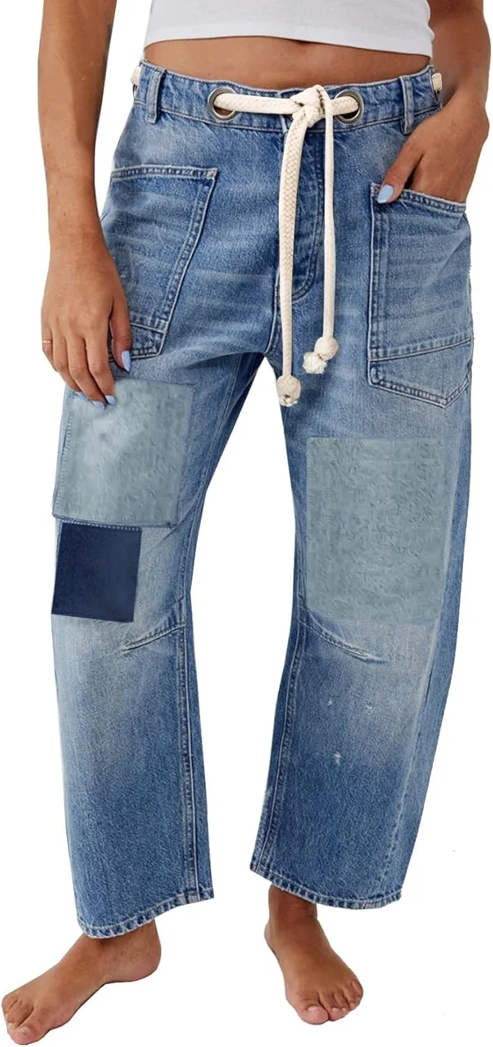 Kedera Womens Baggy Barrel Horseshoe Jeans Wide Leg Patchwork Low Rise Drawstring Denim Pants with Pockets