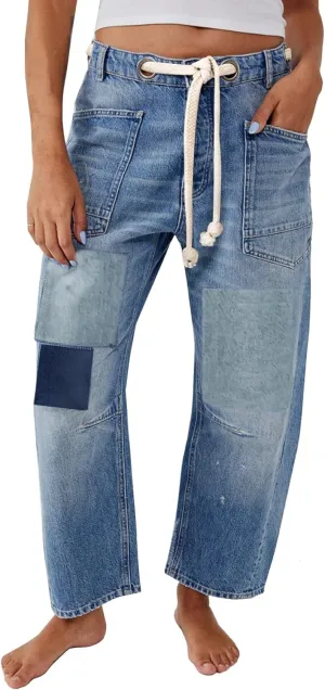 Kedera Womens Baggy Barrel Horseshoe Jeans Wide Leg Patchwork Low Rise Drawstring Denim Pants with Pockets