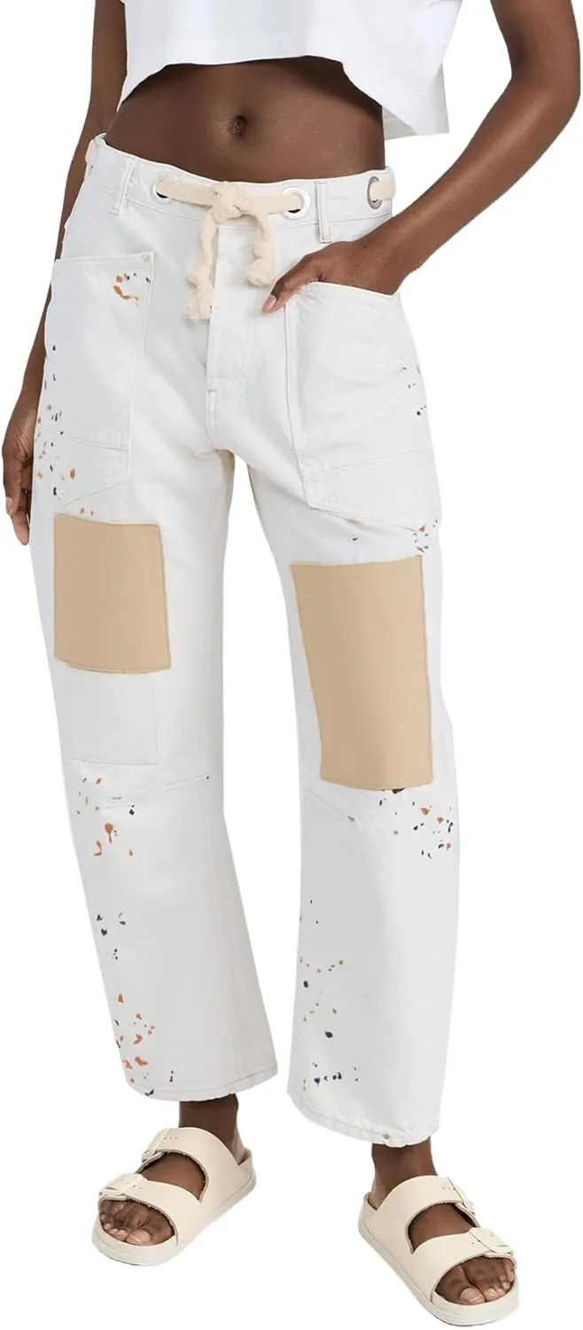 Kedera Womens Baggy Barrel Horseshoe Jeans Wide Leg Patchwork Low Rise Drawstring Denim Pants with Pockets