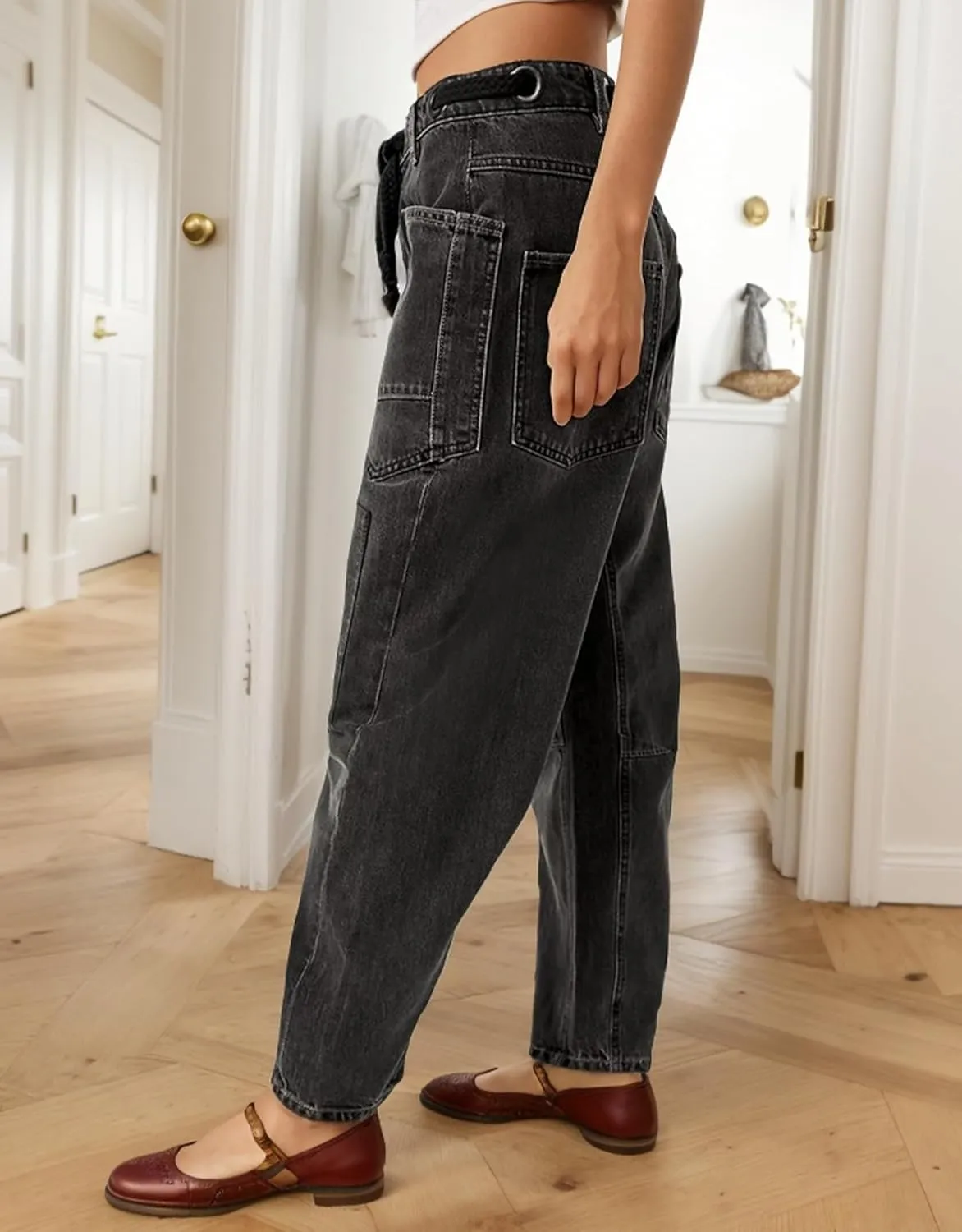 Kedera Womens Baggy Barrel Horseshoe Jeans Wide Leg Patchwork Low Rise Drawstring Denim Pants with Pockets