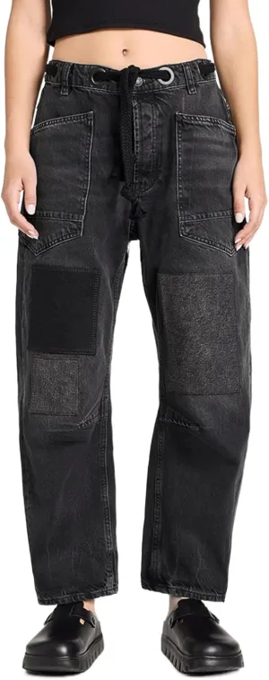 Kedera Womens Baggy Barrel Horseshoe Jeans Wide Leg Patchwork Low Rise Drawstring Denim Pants with Pockets