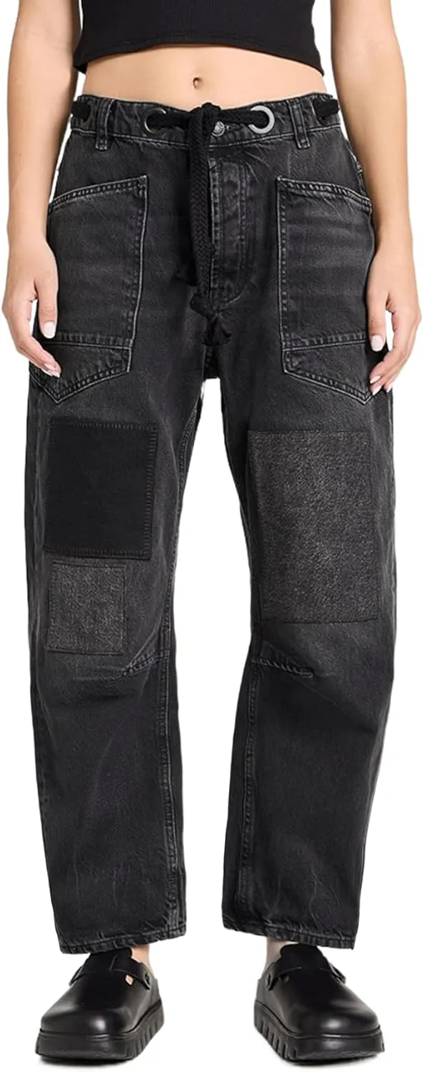 Kedera Womens Baggy Barrel Horseshoe Jeans Wide Leg Patchwork Low Rise Drawstring Denim Pants with Pockets