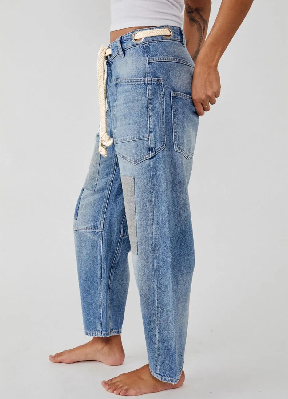 Kedera Womens Baggy Barrel Horseshoe Jeans Wide Leg Patchwork Low Rise Drawstring Denim Pants with Pockets