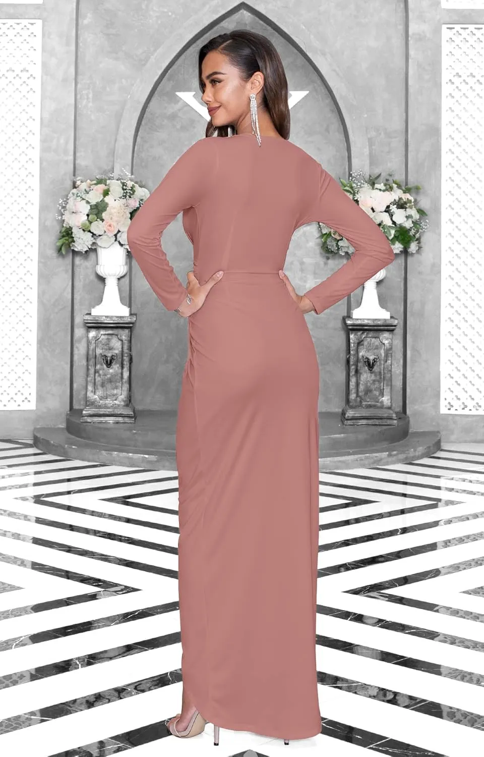 KOH KOH Womens Long Sleeve Formal Wrap Draped Cocktail V-Neck Gown Maxi Dress