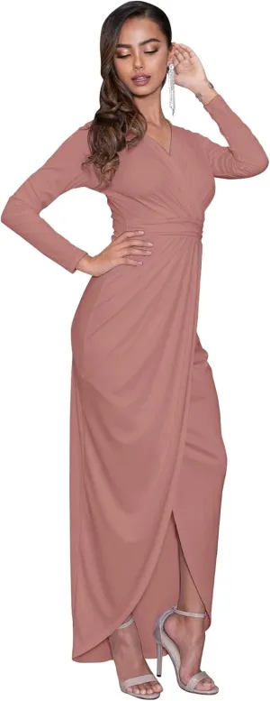 KOH KOH Womens Long Sleeve Formal Wrap Draped Cocktail V-Neck Gown Maxi Dress