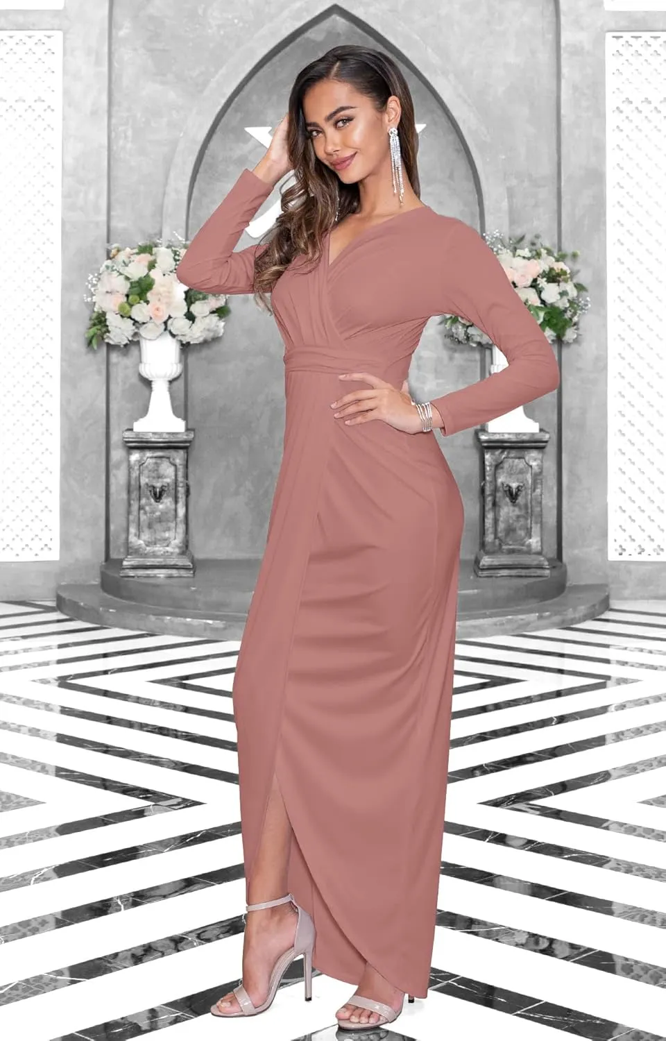 KOH KOH Womens Long Sleeve Formal Wrap Draped Cocktail V-Neck Gown Maxi Dress